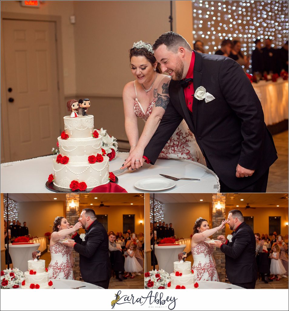 Disney-Themed Fall Wedding at Celebrations Bar Banquet and Grill in Imperial PA Reception Cake Cutting