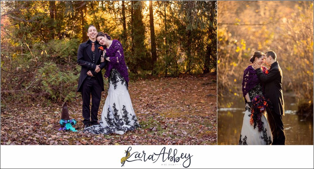 Black and Purple Disney Halloween Themed Fall Wedding at Green Gables in Jennerstown PA - Bride & Groom Portraits During Golden Hour