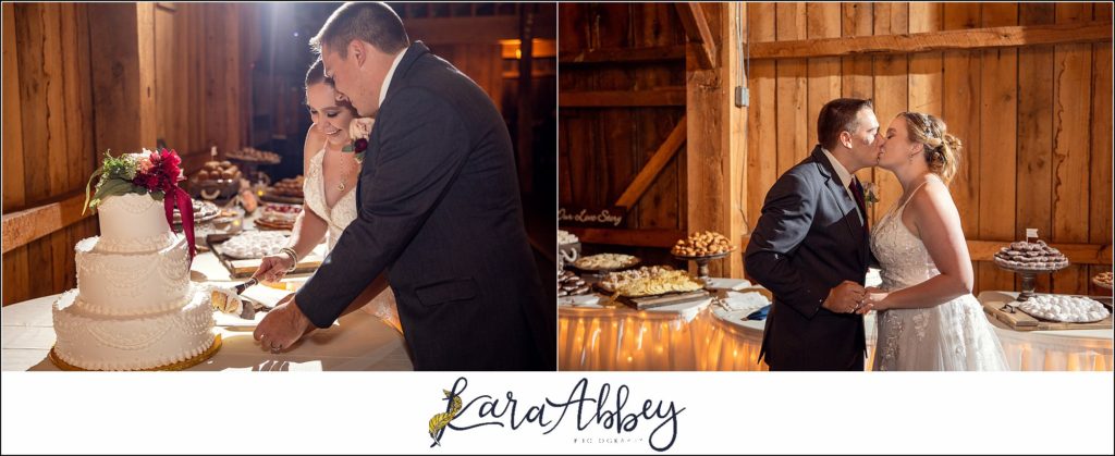 Cranberry Fall Wedding at Bell's Banquets in Mt. Pleasant - Reception Cutting the Cake