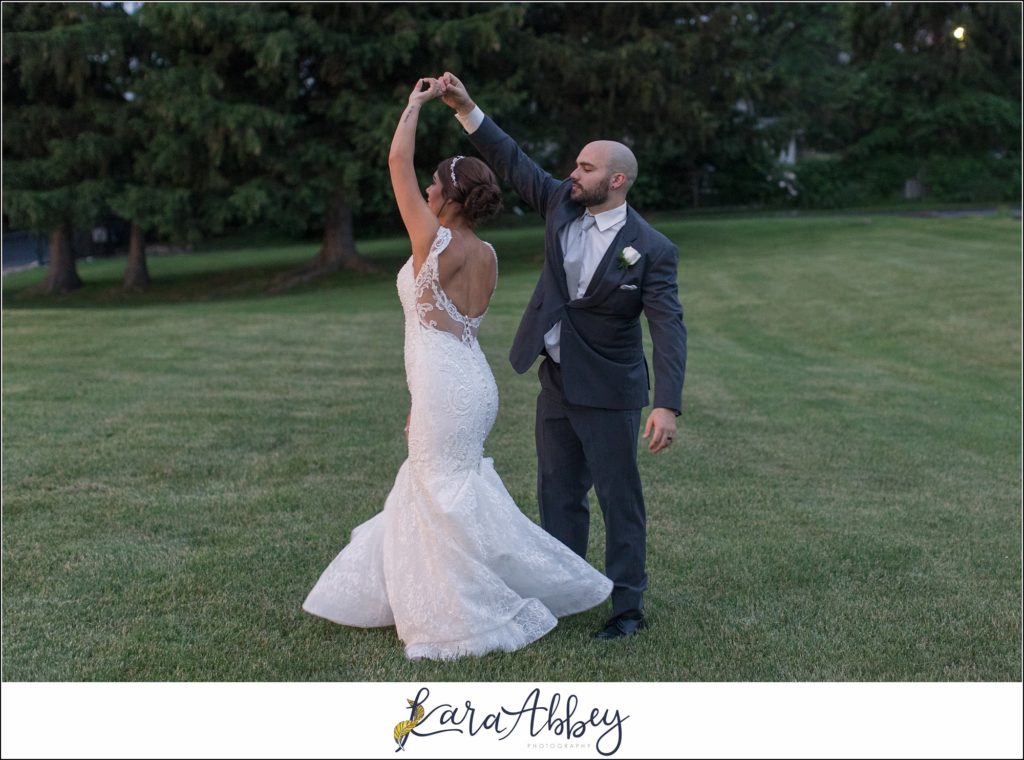 Light Blue Summer Wedding Reception at Lakeside Venues in McClellandtown, PA Bride & Groom Sunset Portraits