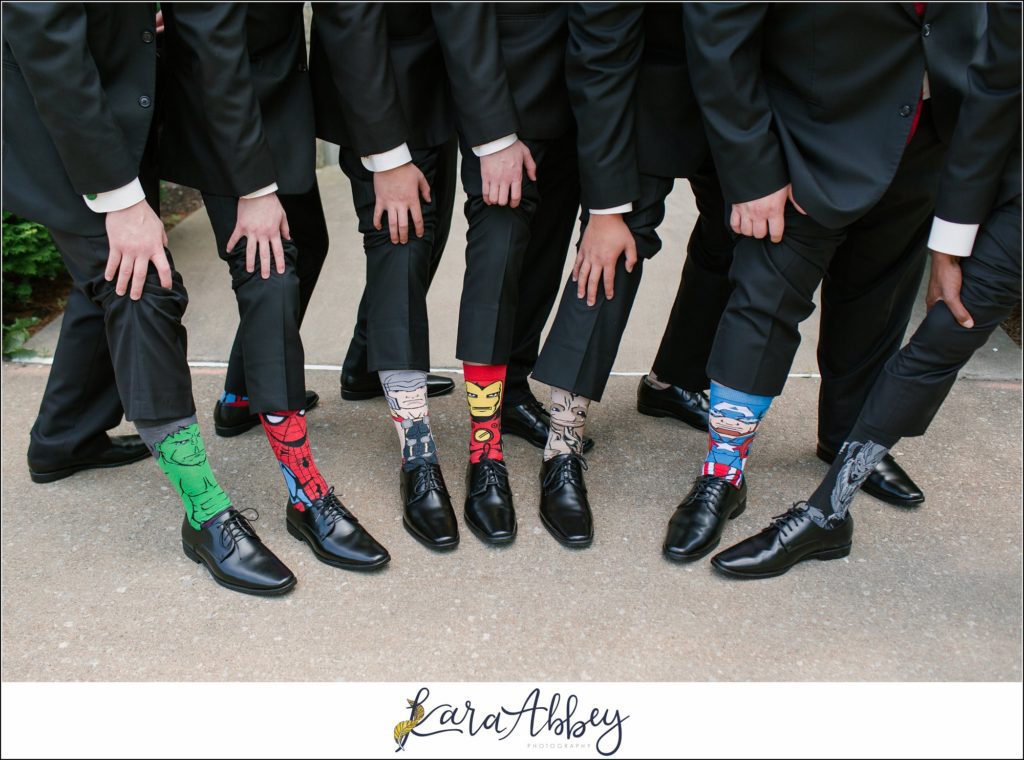 Summer Fairy Tale Wedding at Shakespeare's Restaurant & Pub in Ellwood City PA Groomsmen in Avengers Socks