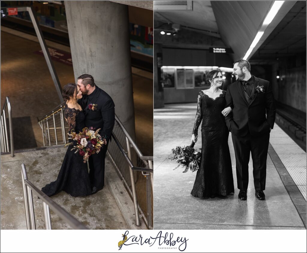 Winter Snowy Elopement Portraits in the Gateway Subway Station in Pittsburgh PA