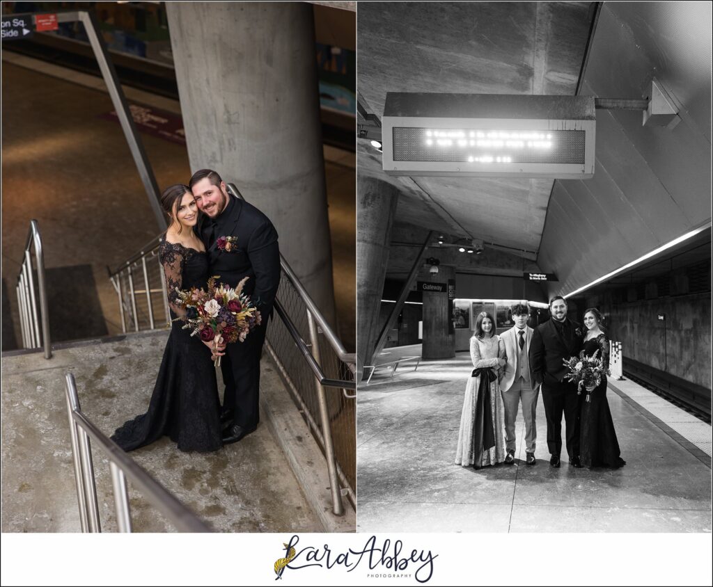 Winter Snowy Elopement Portraits in the Gateway Subway Station in Pittsburgh PA
