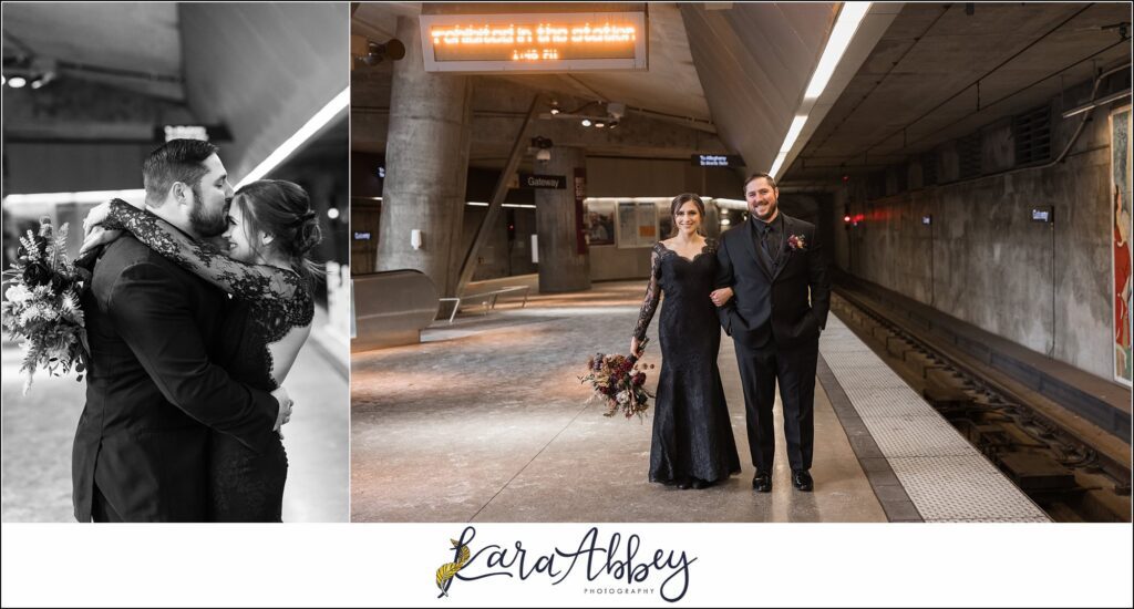 Winter Snowy Elopement Portraits in the Gateway Subway Station in Pittsburgh PA