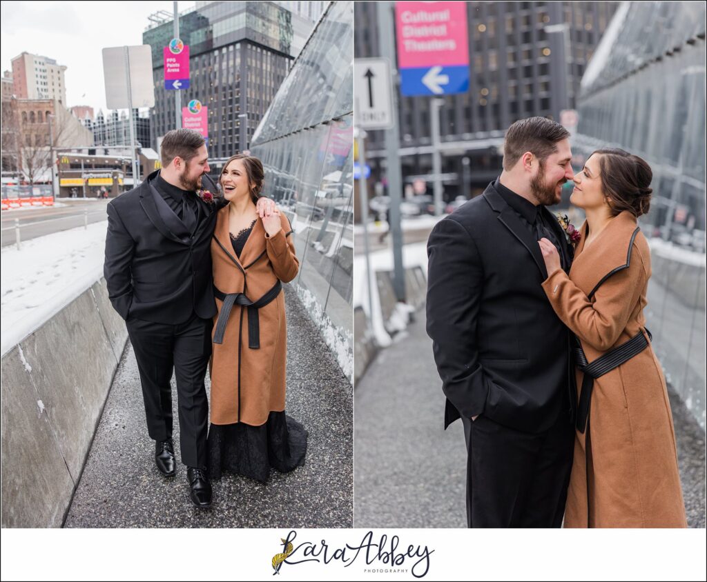 Winter Snowy Elopement Portraits in the Gateway Subway Station in Pittsburgh PA