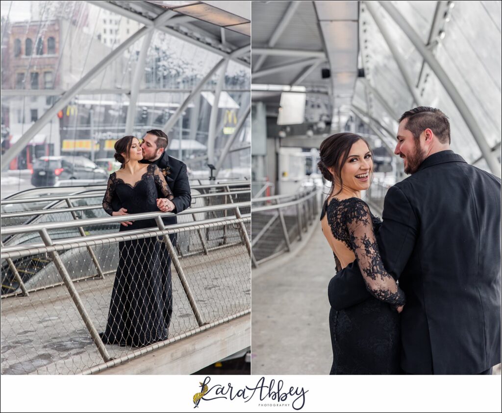 Winter Snowy Elopement Portraits in the Gateway Subway Station in Pittsburgh PA