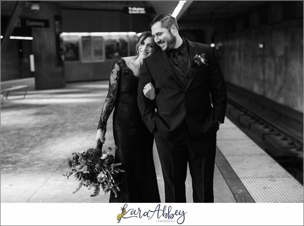 Winter Snowy Elopement Portraits in the Gateway Subway Station in Pittsburgh PA