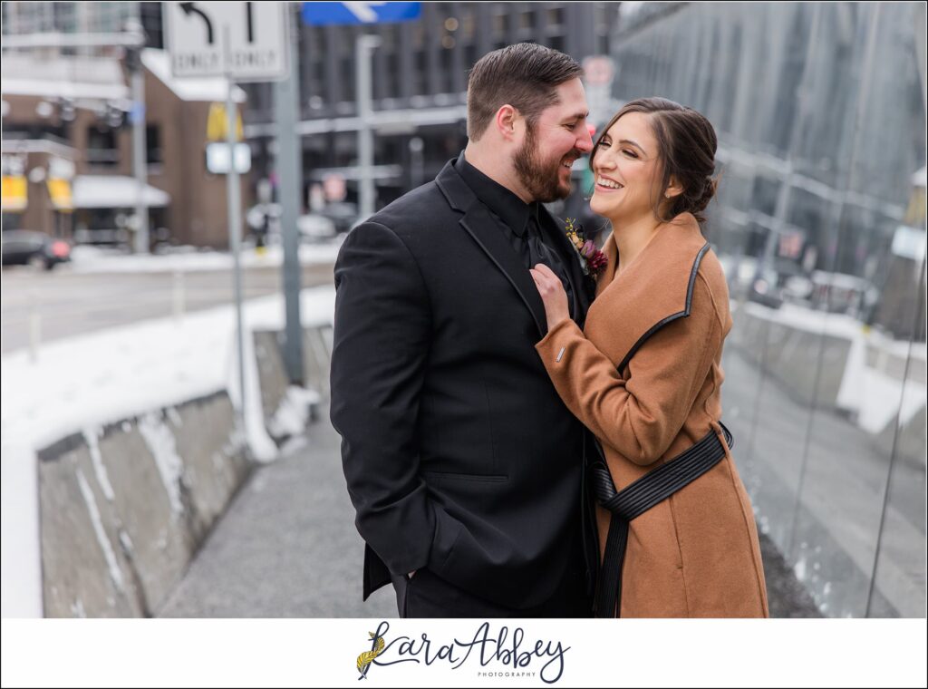 Winter Snowy Elopement Portraits in the Gateway Subway Station in Pittsburgh PA