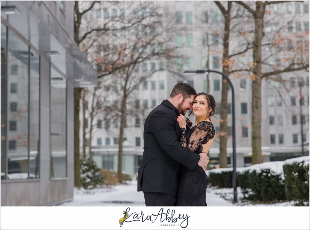 Winter Snowy Elopement Portraits in the Gateway Subway Station in Pittsburgh PA