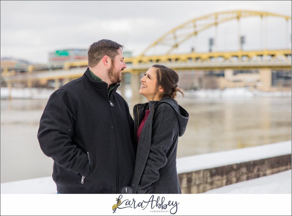 Winter Snowy Elopement Portraits in Point State Park in Pittsburgh PA