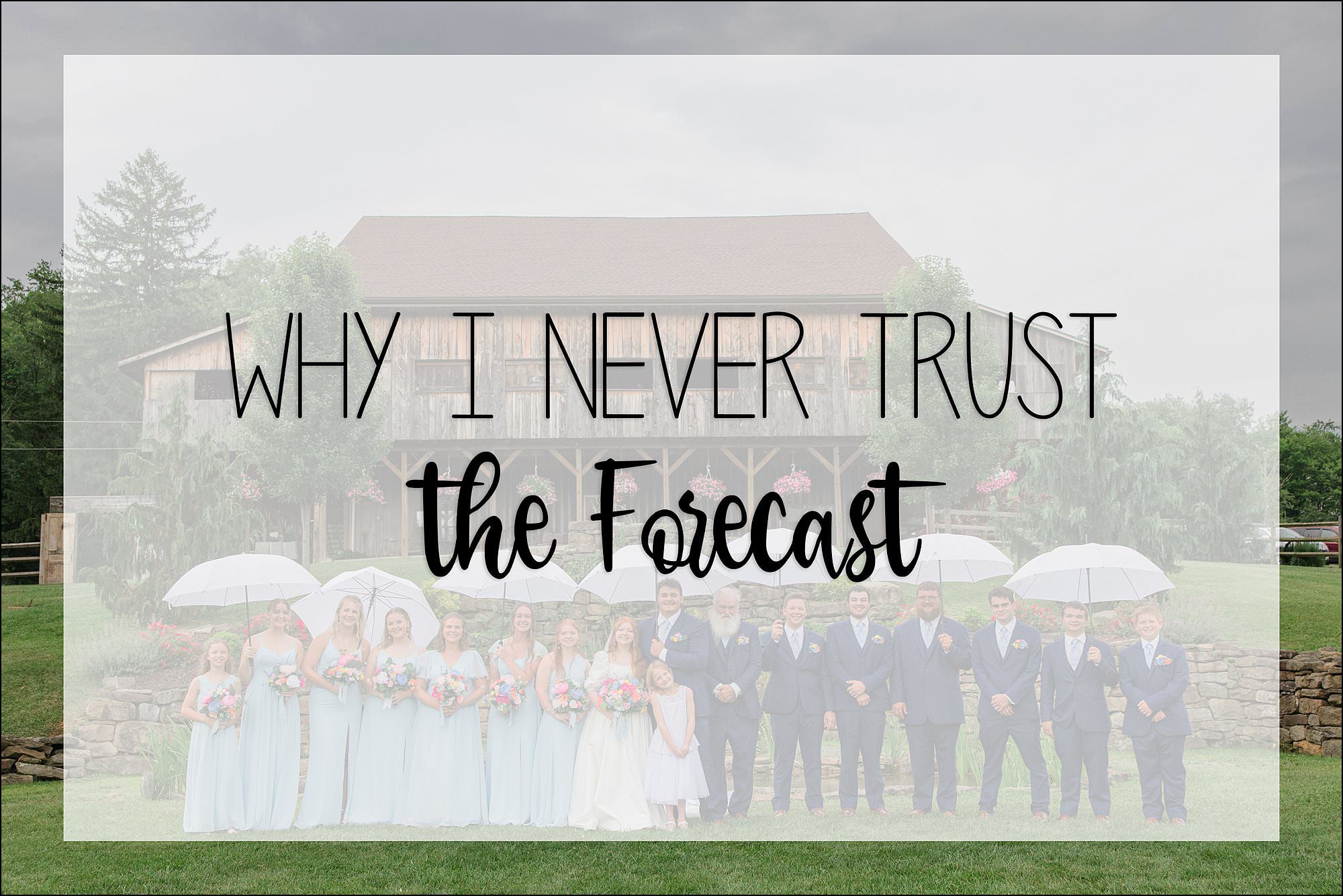 Bride and groom standing outside under an umbrella in the rain, with text overlay reading